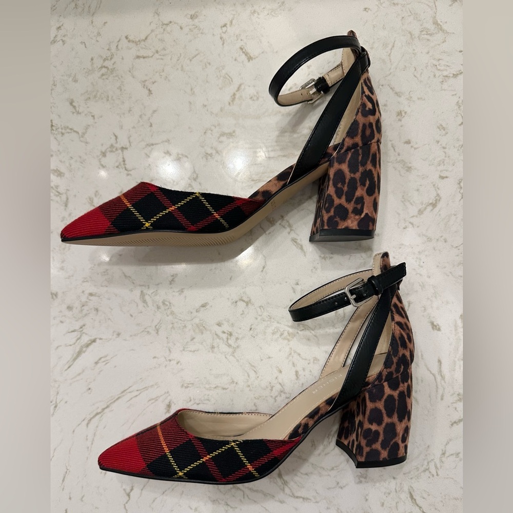 Marc Fisher Tartan Plaid Leopard Ankle Strap Block Heels 6
